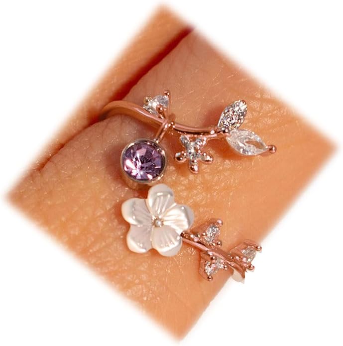 Birthstone Flower Rings For Women Non Tarnish Gemstone Cubic Zirconia Mother of Pearl Adjustable Size 7-11 Silver Rose 14K Gold Plated Birth Jewelry Gift For Birthday