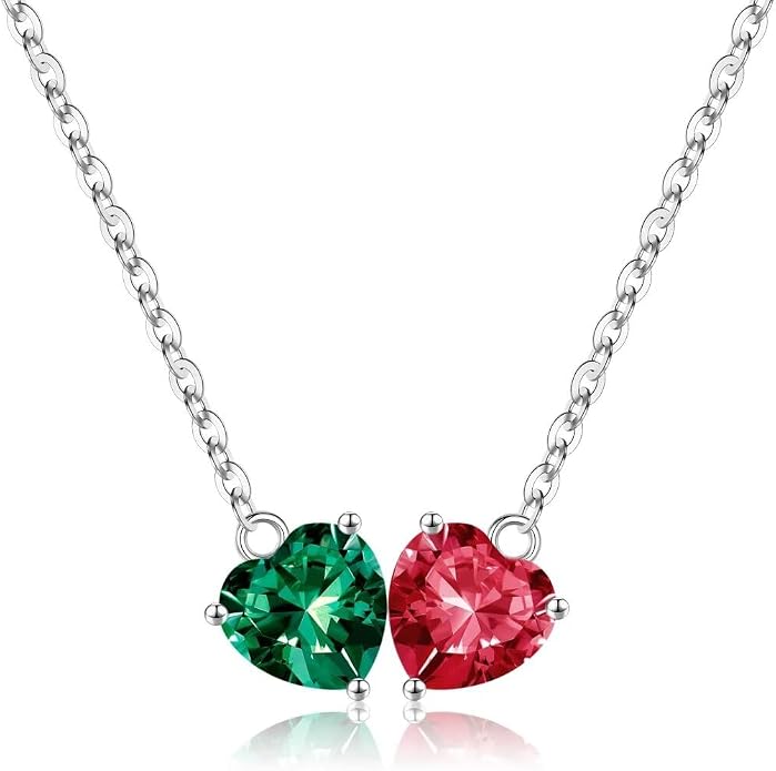 Iefil 1.25Ct Double Heart Birthstone Necklace - 925 Sterling Silver Birthstone Necklace, Birthday Gifts for Women, Jewelry Gifts for Mom Daughter Wife