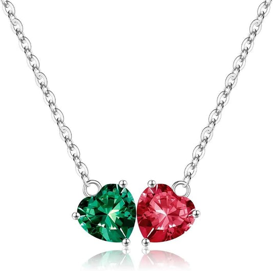 Iefil 1.25Ct Double Heart Birthstone Necklace - 925 Sterling Silver Birthstone Necklace, Birthday Gifts for Women, Jewelry Gifts for Mom Daughter Wife
