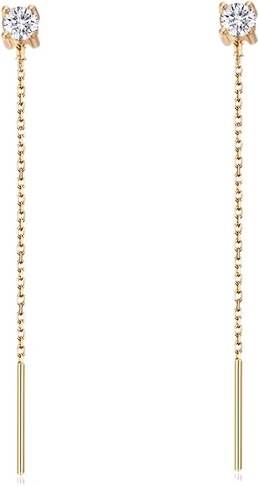 S.Leaf Gold Chain Threader Earrings for Women Trendy 925 Sterling Silver Hypoallergenic Cubic Zirconia Backless Ardant Chain Duster Threader Double Piercing Pull Through Earrings for Women Girls Birthday Gifts
