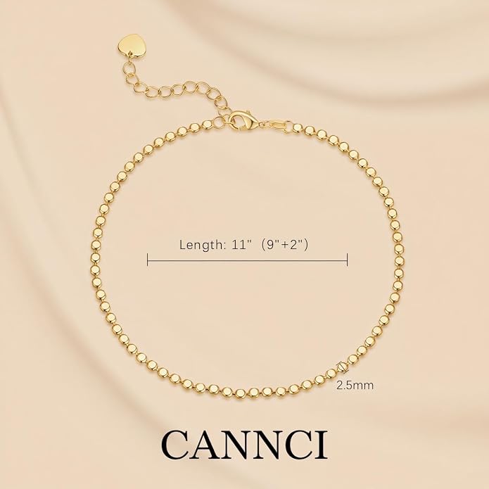 14K Gold Anklets for Women Gold Ankle Bracelets For Women Evenly Sized Smooth Beads Womens Beaded Anklets Trendy Beach Jewelry 11(9+2) Inches
