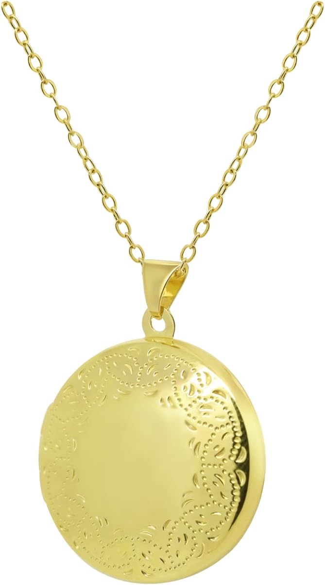 925 Sterling Silver Round Locket Necklace for Women, Gold & Silver Plated Engraved Pattern Photo Locket, Vintage-Inspired Memorial Jewelry Gift for Anniversary Birthday