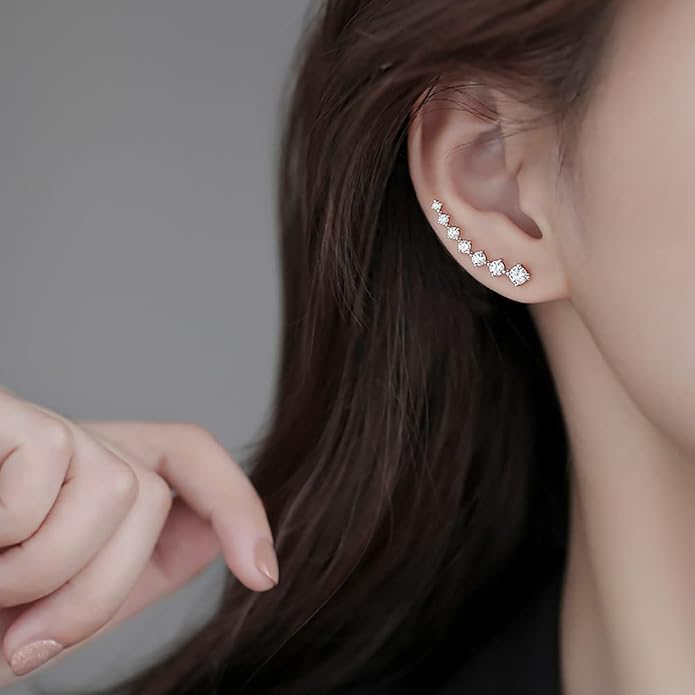 Reffeer Solid 925 Sterling Silver 7 Crystals Cuff Earrings Climber for Women Crawler Earrings Wraps