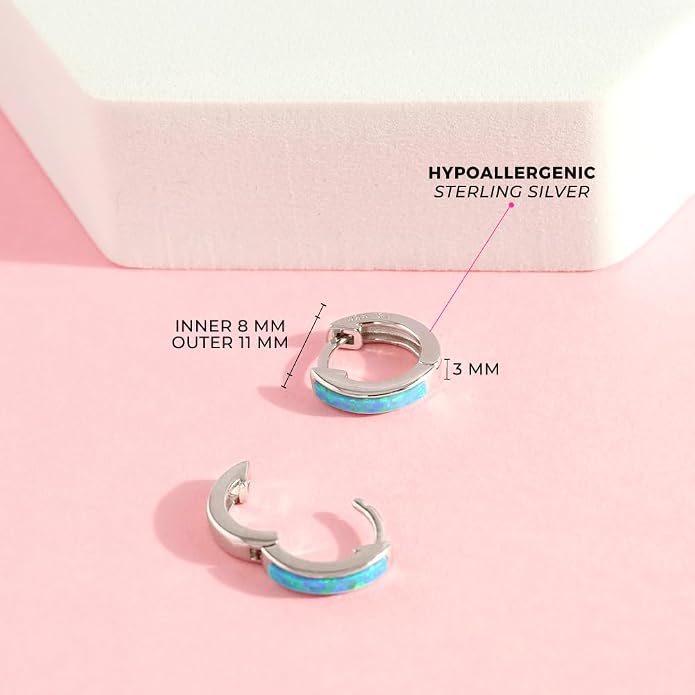 In Season Jewelry Simulated Opal Inlay Girls Hoop Earrings for Kids - 925 Sterling Silver Little Girl Hoop Earrings - Hypoallergenic & Comfortable with Secure Latch Closure