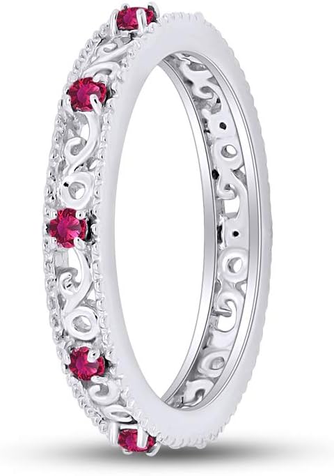 Jewel Zone US Filigree Eternity Wedding Band Ring for Women, Round Cut Simulated Gemstone Stackable Promise Ring in 14K Gold Plated 925 Sterling Silver Band Width 3.5mm – Elegant Jewelry for Her