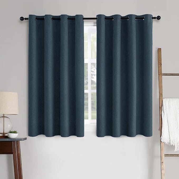 MIULEE 100% Blackout Linen Textured Curtains for Bedroom Solid Thermal Insulated Navy Grommet Room Darkening Curtains & Drapes Luxury Decor for Living Room 52 x 63 Inch (2 Panels)
