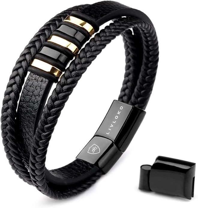 LONDON Mens Bracelet Leather Black Multi-Layer Stone Beads Adjustable Steel Clasp Viking Rope Bands Surfer Man Wristband Male UK Jewellery Gift box Boyfriend Dad Son Brother Tiger Eye