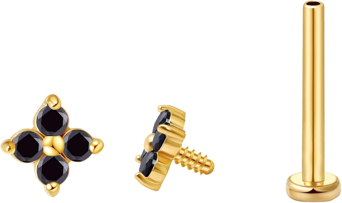 FANSING CZ Flower Internally Threaded Flat Back Earring Labret Stud for Cartilage Tragus Helix Conch