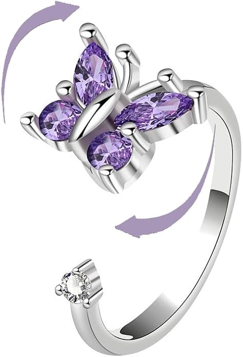 Butterfly Spinner Fidget Ring for Anxiety Relief Purple Rotating Jewelry, Adjustable Stress Ring for Women & Teens Gift for Her.