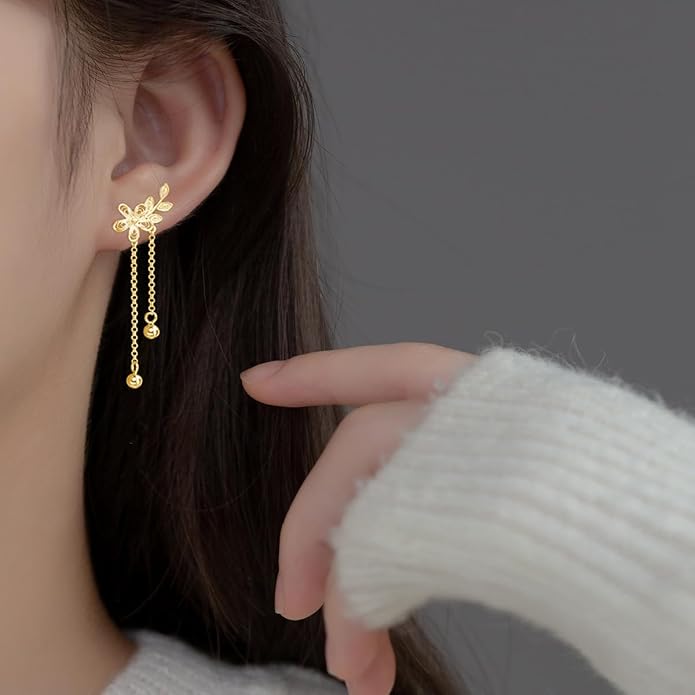 SLUYNZ 925 Sterling Silver Elegant Flower Crawler Earrings Wrap for Women Leaf Climber Earrings Cuff Tassel