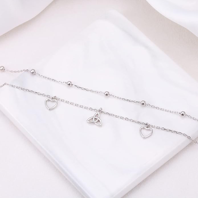 Anklet for Women S925 Sterling Silver Beach Style Foot Layered Adjustable Ankle Bracelet Disc Evil Eye Heart Infinity Bead Cross Jewelry