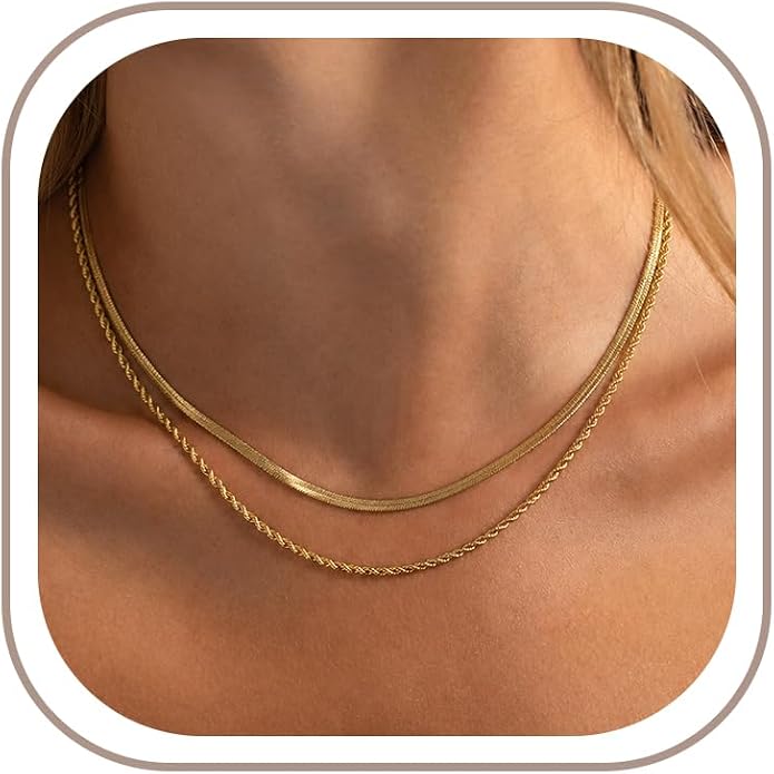 Freekiss Women's Layered Necklace Set - 3 Piece Dainty Gold Jewelry for Everyday Stacking | 14K Gold Plated Snake Chain, Rope Chain, Cuban Chain | Adjustable Length 14-18.5 Inch | Gift Ready