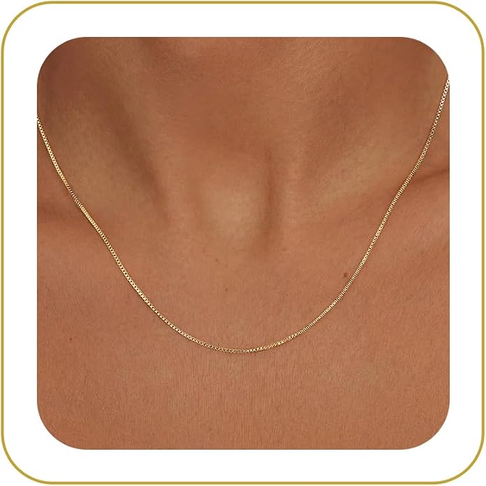 Tewiky Gold Chain Necklace for Women, 14k Gold Plated Thin Beaded Wave Box Necklace Dainty Simple Layered Choker Minimalist Link Chain Necklace Trendy Jewelry for Women