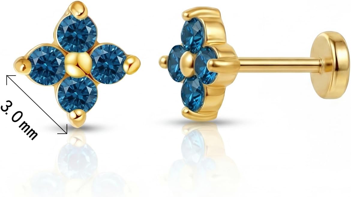 FANSING Short Threadless Cartilage Earring Stackable CZ Birthstone Flat Back Earrings for Women Small Stud Earrings for Tragus Helix Earlobe 18K Gold Plated ‌Rainbow 5.0mm