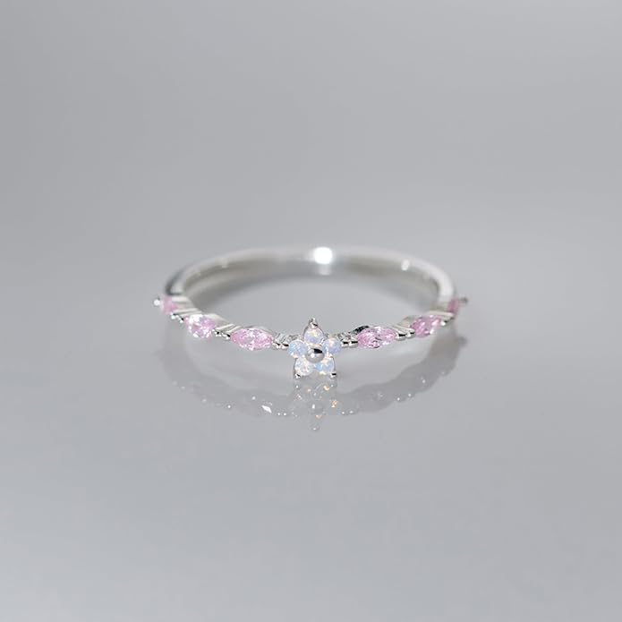 SUYACS 925 Sterling Silver Flower Rings with 6 Marquise Cut Pink Birthstone for Women Gold Plated Cute Opal Floral Small Stackable Ring Mother Daughter Statement Ring Jewelry Birthday Gifts