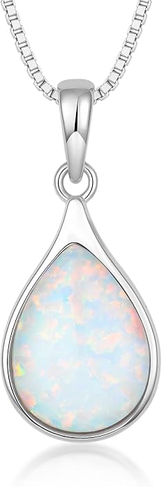 Teardrop Opal Necklace for Women - 925 Sterling Silver October Birthstone Pendant Necklace, Dainty Pear Shape Gemstone Jewelry Gif for Her, Adjustable Box Chain