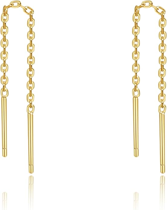 S.Leaf S925 Sterling Silver Threader Chain Earrings 18K Gold Plated Cubic Zirconia Dainty Dangle Double Piercing Long Drop Dangly Pull Through Tassel Chain Earrings Gifts for Women