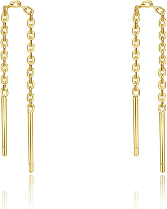 S.Leaf S925 Sterling Silver Threader Chain Earrings 18K Gold Plated Cubic Zirconia Dainty Dangle Double Piercing Long Drop Dangly Pull Through Tassel Chain Earrings Gifts for Women