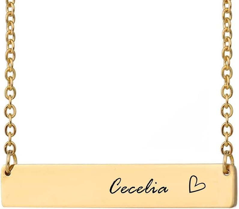 HUAN XUN Custom Bar Necklace Personalized Engraved Name Bar Necklace for Women Customized Stainless Steel Heart Pendant Bar Jewelry Gift for Her Mother Day Christmas