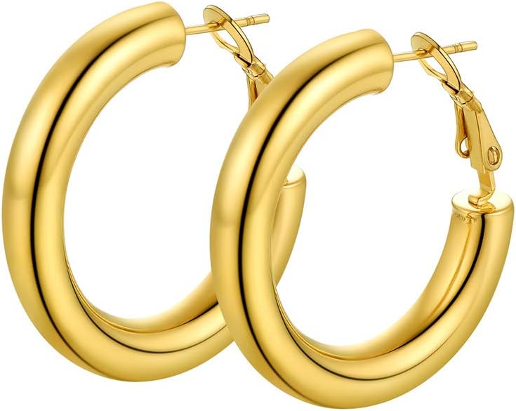 Stainless Steel Chunky Hoop Earrings For Women, Minimalist and Chic, Black/Gold Plated, Round Hoops Earrings Hypoallergenic, Size: 30mm/40mm/60mm/80mm, Come with Box