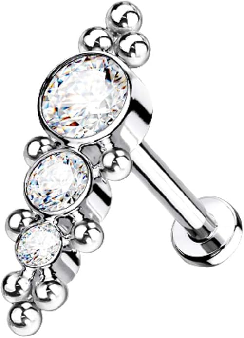 Pierced Owl - 16G G23 Implant Grade Titanium Internally Threaded Descending Triple Round CZ Crystal and Ball Clusters Flat Back Labret Monroe Lip Cartilage Helix Ear Lobe Stud