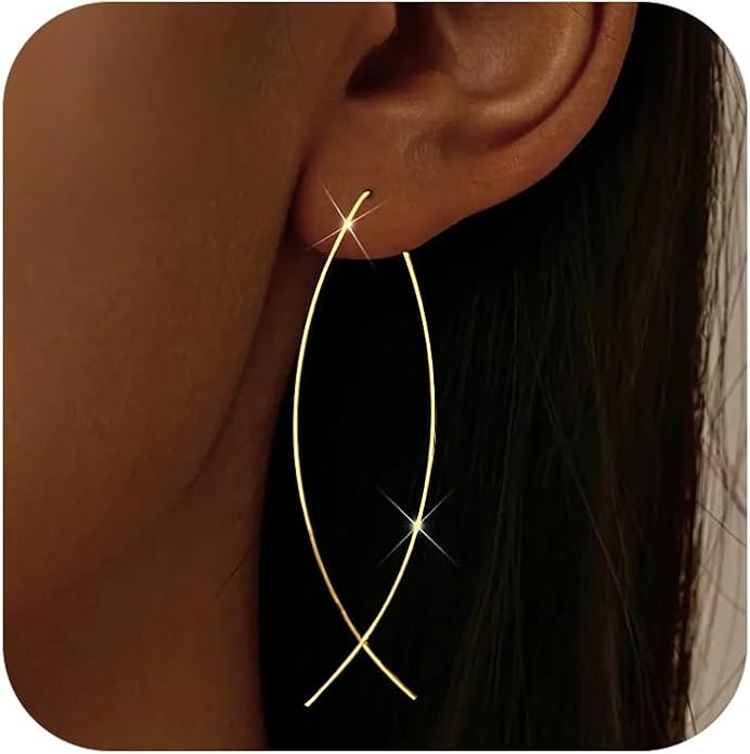 925 Sterling Silver Dainty Hard Wire Threader Dangle Earrings for Women 14k Gold Plated Tassel Threader Pull Through Long Half Hoop Earring Wedding Bridal Birthday Jewelry Gifts