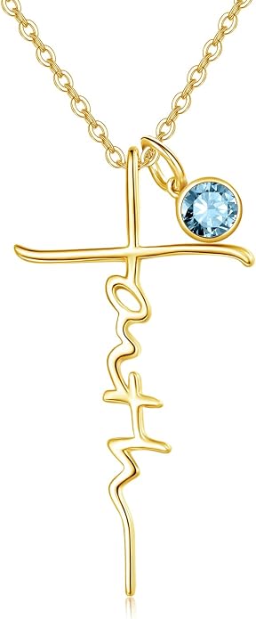 PRAYMOS Faith Cross Necklace for Women 925 Sterling Silver Pendant Necklace With Birthstone Initial Christian Religious Confirmation Baptism Mothers Day Gifts