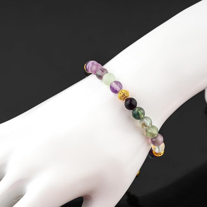 AAA Grade Natural Gemstone Beaded Bracelet, 14K Gold Plated with Evil Charm, Wicca & Reiki Healing Crystals, Handmade Bohemian Jewelry, Christmas Gift for Women (7+1inch)
