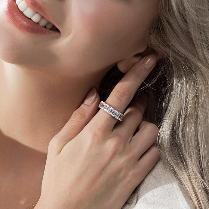 Cubic Zirconia Ring for Women, Emerald Cut Cubic Zirconia Eternity Ring, Fashion Wedding Band Style, Continuous Diamond Design