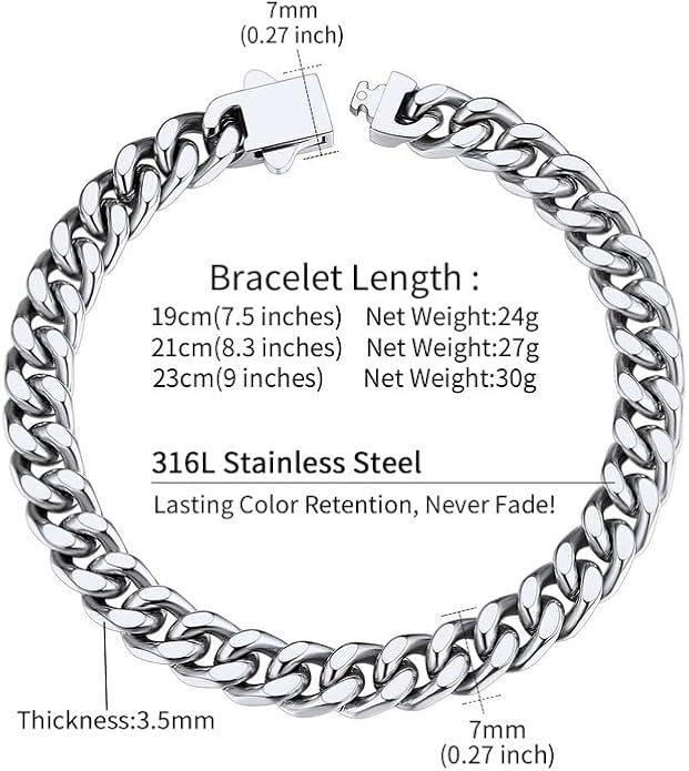 ChainsHouse Stainless Steel Cuban Link Bracelet for Men, 5mm/7mm/9mm/12mm Width, 7.5"/8.3"/9" Length, Black/18K Gold Plated Chain Wrist Bracelets for Men, with Gift Box