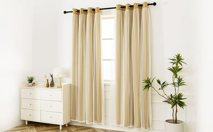 INLINAS Gold Blackout Curtains with Sheer Overlay - Grommet Top Thermal and Noise Reduction Panels for Bedroom and Living Room Light Blocking and Energy Saving, 52 x 84 Inches, Set of 2