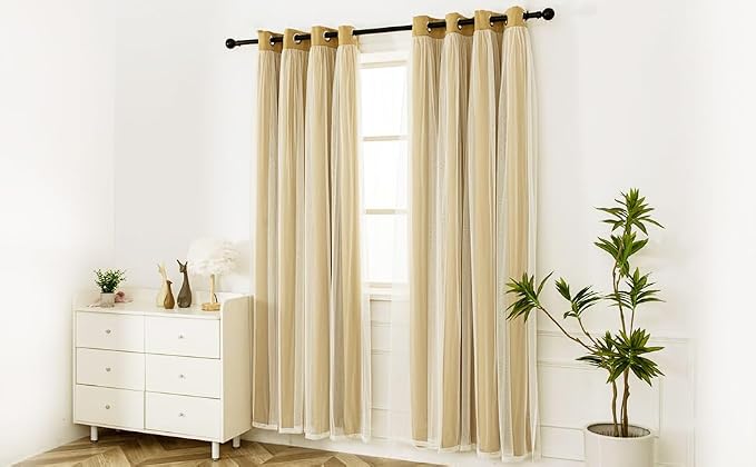 INLINAS Gold Blackout Curtains with Sheer Overlay - Grommet Top Thermal and Noise Reduction Panels for Bedroom and Living Room Light Blocking and Energy Saving, 52 x 63 Inches, Set of 2