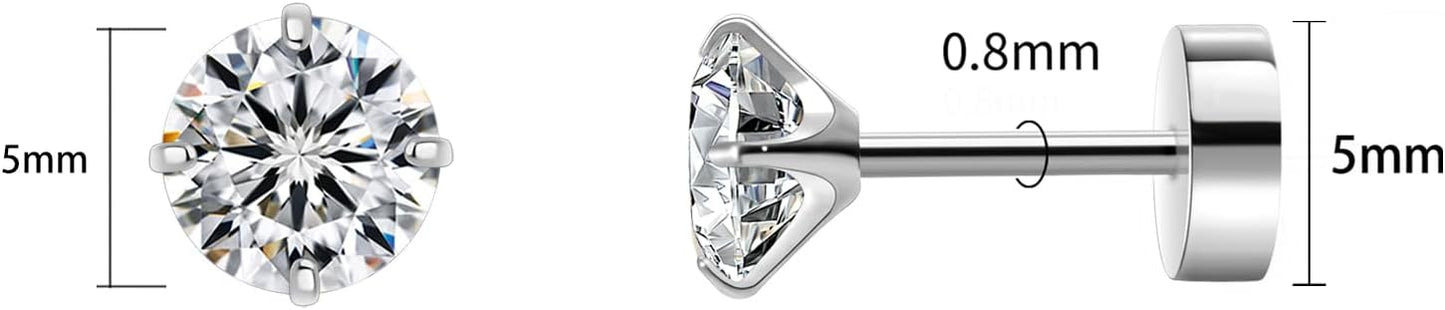 Titanium Earrings for Women Stud Earrings Cubic Zirconia Dainty Screw Flat Back Hypoallergenic Earrings for Women for Multiple Cartilage Helix Conch Tragus Piercing Jewelry for Sensitive Ears