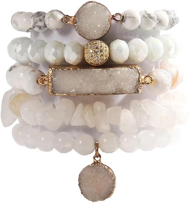 Yomisa 5PCS 6PCS Natural Boho Beaded Bracelets/Bangle for Women Men,Healing Turquoise Jasper Agate Crystal Gemstone Stone Chakra Multilayer Wrap Bohemian Handmade Jewelry Beads Stretch Bracelet Set