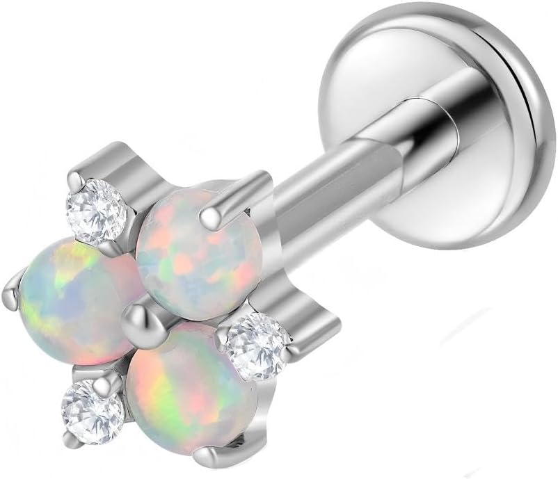 16G Internally Threaded Titanium Opal Flower Labret Tragus Stud, Monroe Lip Ring Helix Piercing Jewelry