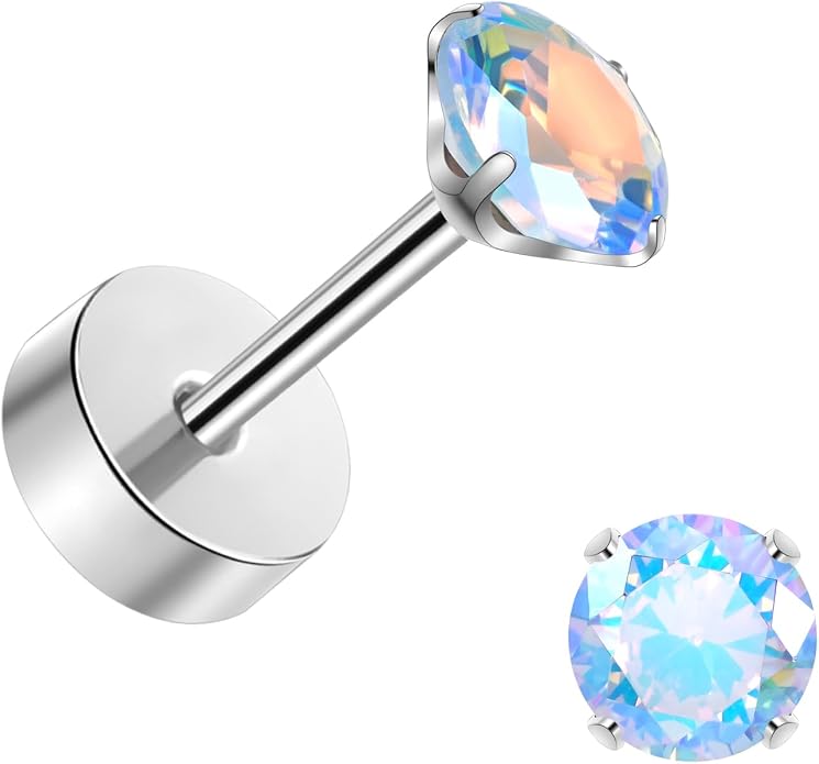 Titanium Earrings for Women Stud Earrings Cubic Zirconia Dainty Screw Flat Back Hypoallergenic Earrings for Women for Multiple Cartilage Helix Conch Tragus Piercing Jewelry for Sensitive Ears