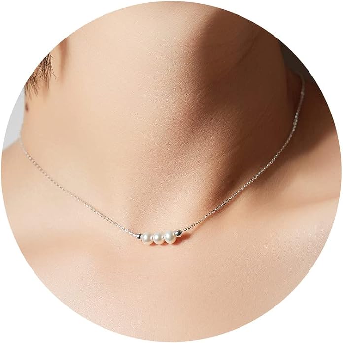 Dainty Crystal 925 Sterling Silver Choker Collar Necklace Handmade With 3 Beads Birthstone Jewelry Gifts for Women Young Lady Mother Friends Keenove