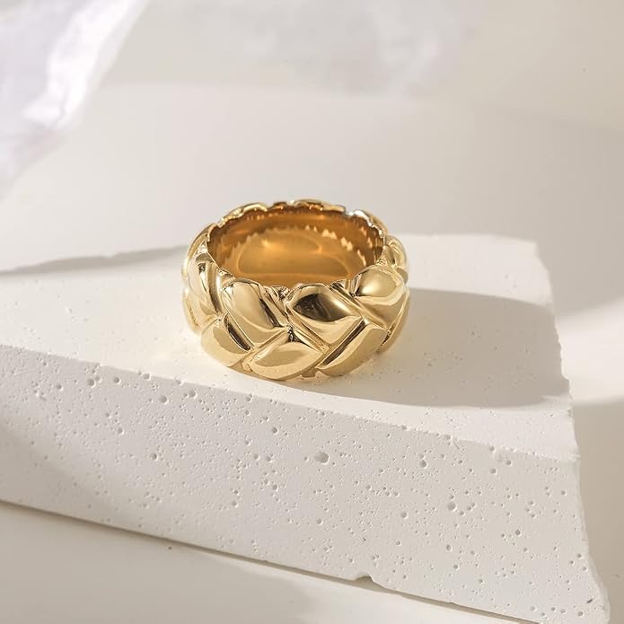 CIUNOFOR Crush Wide Band Ring for Women, Chunky Gold Stackable Ring, Textured Statement Band, Sizes 6–9