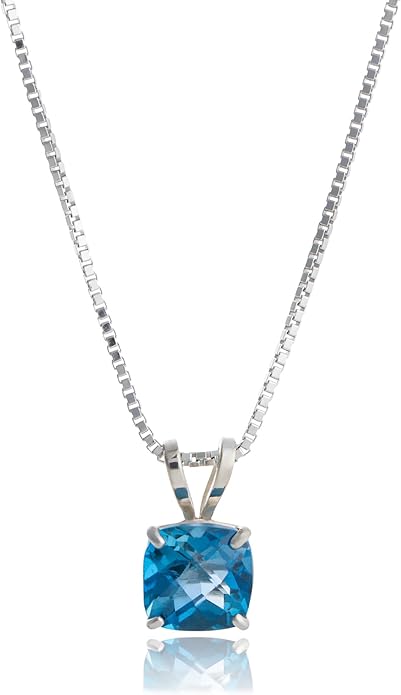 MAX + STONE 925 Sterling Silver Cushion Cut Birthstone Necklace for Women | 6mm Hypoallergenic Solitaire Necklace | Gemstone Pendant Necklaces with 18 inch Box Chain