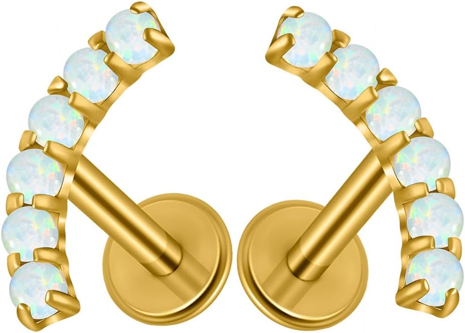 2PCS G23 Titanium Fire Opal CZ Labret Stud Piercing Cartilage Helix Tragus Climber Earrings for Men Women Lip Monroe Body Piercing Jewelry