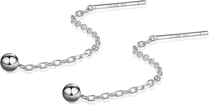 S.Leaf Threader Earrings for Women 925 Sterling Silver Gold Plated Hypoallergenic Backless Ardant Chain Duster Tassel Drop Double Piercing Pull Through Earrings for Women Trendy