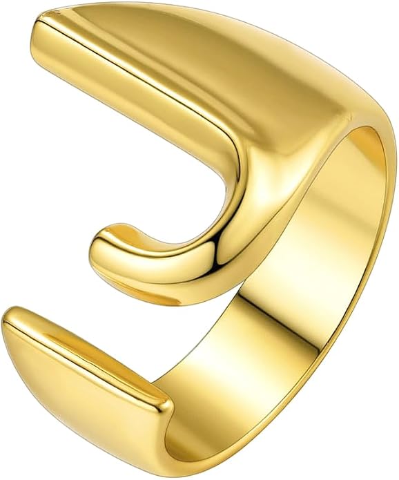 Suplight Nikel Free 18K Gold Plated Letter Rings, Fashion Monogram Jewelry Statement A-Z Wide Name Initial Alphabet Adjustable Open Ring for Women
