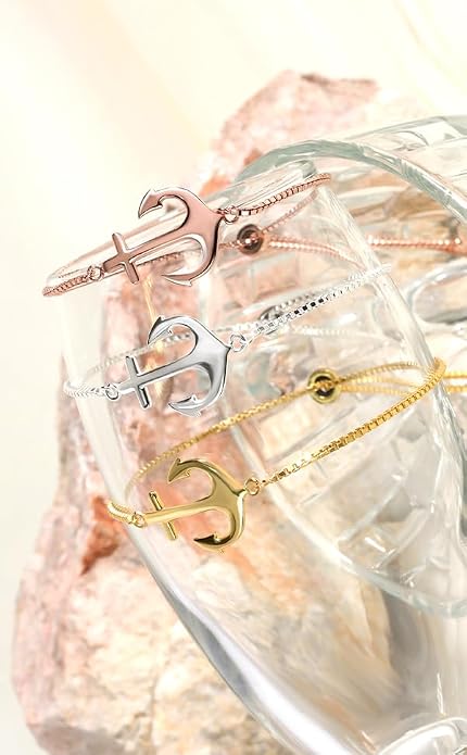 Hoops & Loops 925 Sterling Silver Sailor Anchor High Polished Hypoallergenic Anti-Tarnish Adjustable Bracelet for Women Men, Silver, Yellow Gold & Rose Gold
