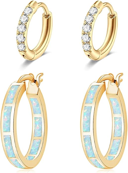 CiNily Sterling Silver/Rose Gold/Yellow Gold Plated Hoop Earrings 20mm,Multicolor Opal Small Hoop Earrings for Women Girls Hypoallergenic Jewelry for Sensitive Ears Gemstone Earrings