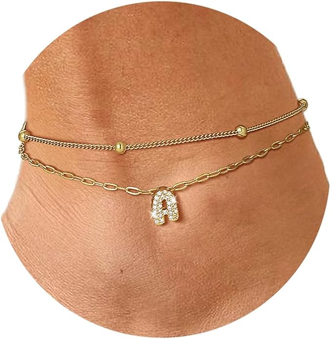 FindChic Silver/14K Gold Plated Layered CZ Initial Ankle Bracelet for Women | Waterproof Stainless Steel, Cubic Zirconia Letter Charm, Non-Tarnish, Hypoallergenic, Adjustable Extender, Summer Jewelry