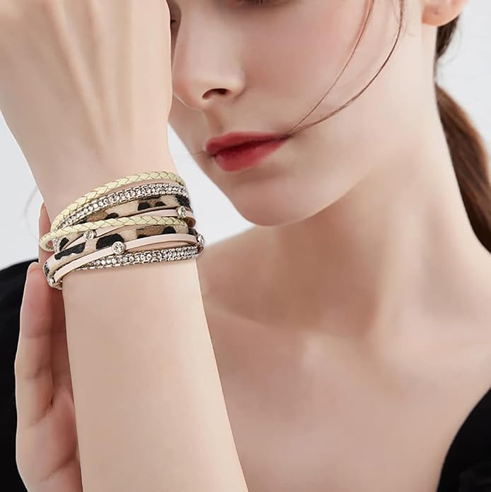 Wowanoo 3Pack Leather Cuff Bracelet Set Multilayer Wrap Bracelet Crystal Feather Tree Bracelet Magnetic Clasp Bracelet for Women