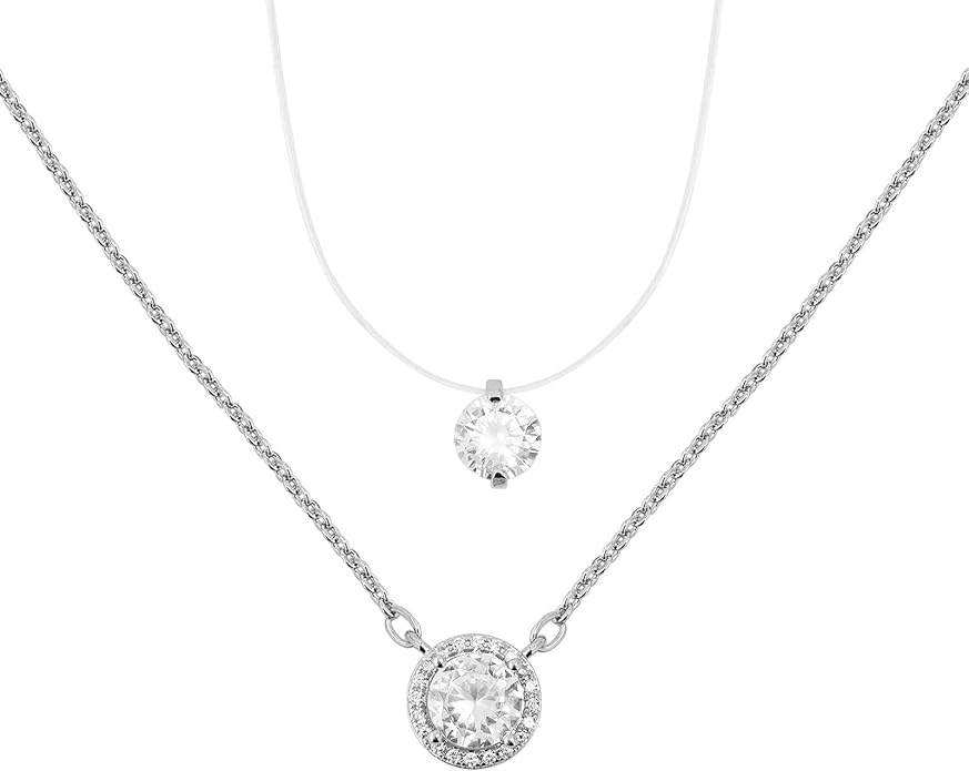 925 Sterling Silver Necklace for Women,Dainty Cubic Zirconia Circle Pendant 1/1.25/2 Carat CZ Choker Necklaces Trendy with Invisible Chain Minimalist Solitaire Jewelry Gift