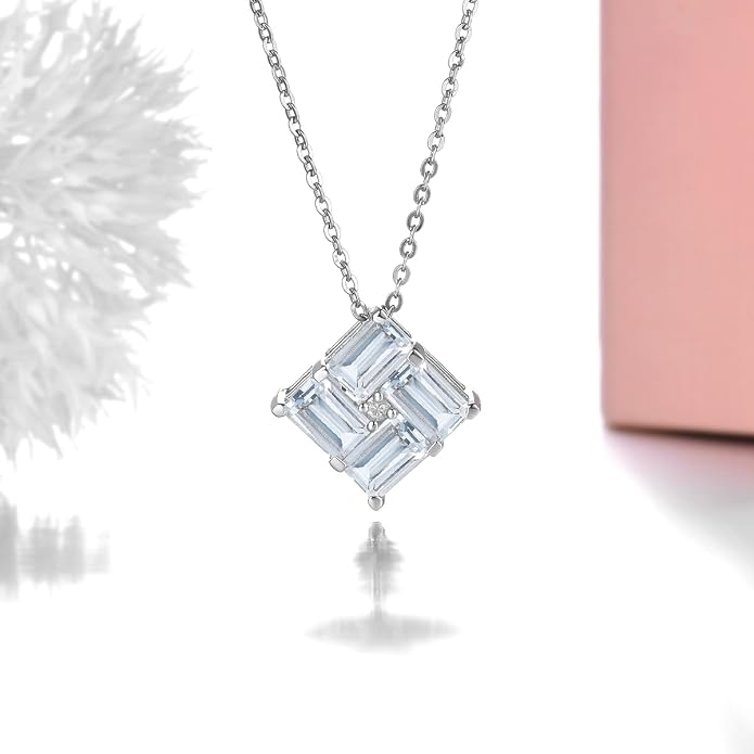 Natural Aquamarine Pendant Necklace for Women S925 Sterling Silver Gemstone March Birthstone Square Elegant Charm Fine Jewelry for Birthday