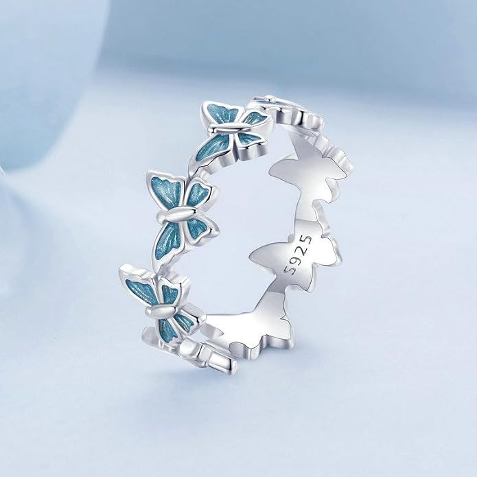 925 Sterling Silver Dainty Daisy Butterfly Paw Heart Eternity Rings Blue Flower Finger Rings for Women Stacking Promise Rings Gift Jewelry