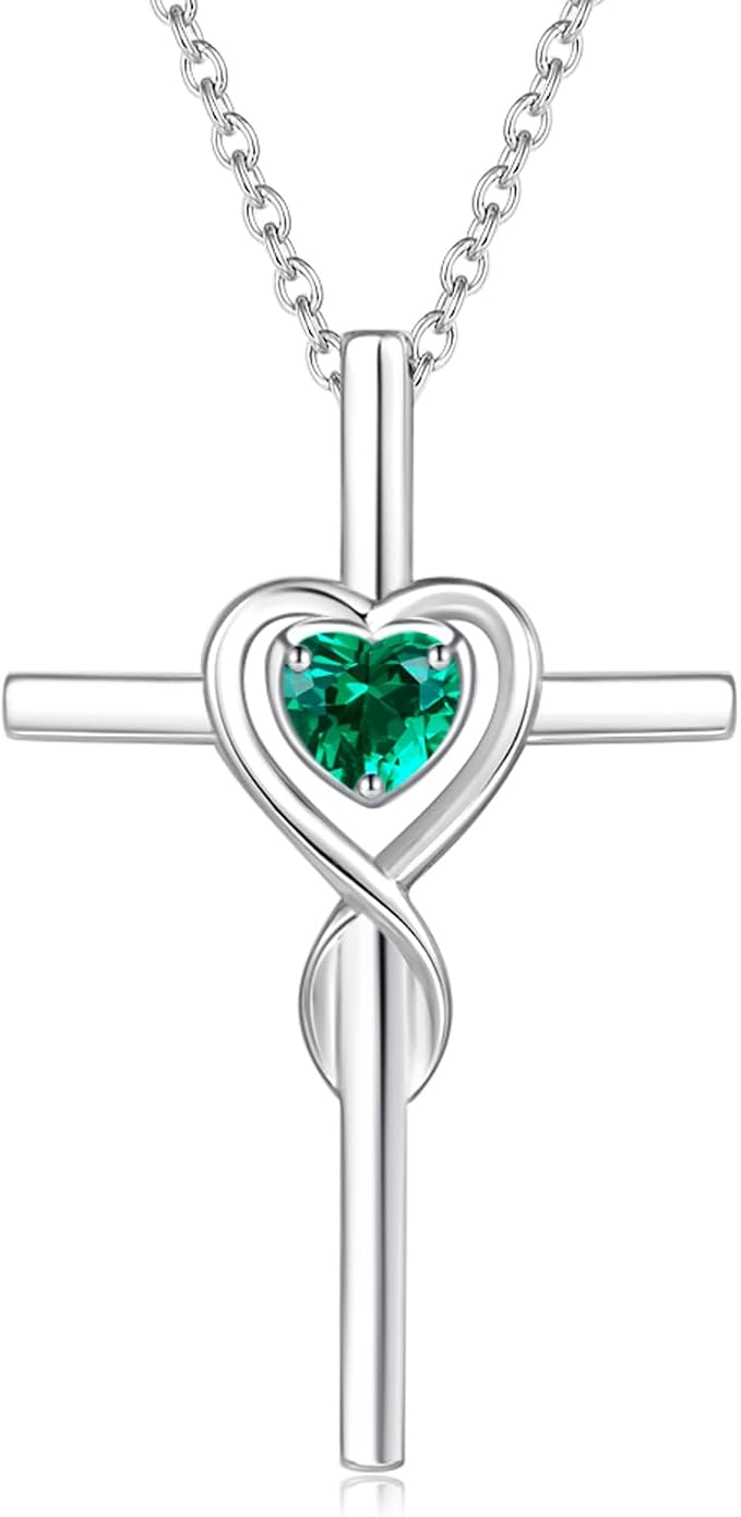 FANCIME Birthstone Cross Necklace for Women Birthstone Necklace Heart Infinity Cross Pendant Necklace Fine Jewelry Christmas Birthday Holiday Gifts for Her, 16"+2" Inches